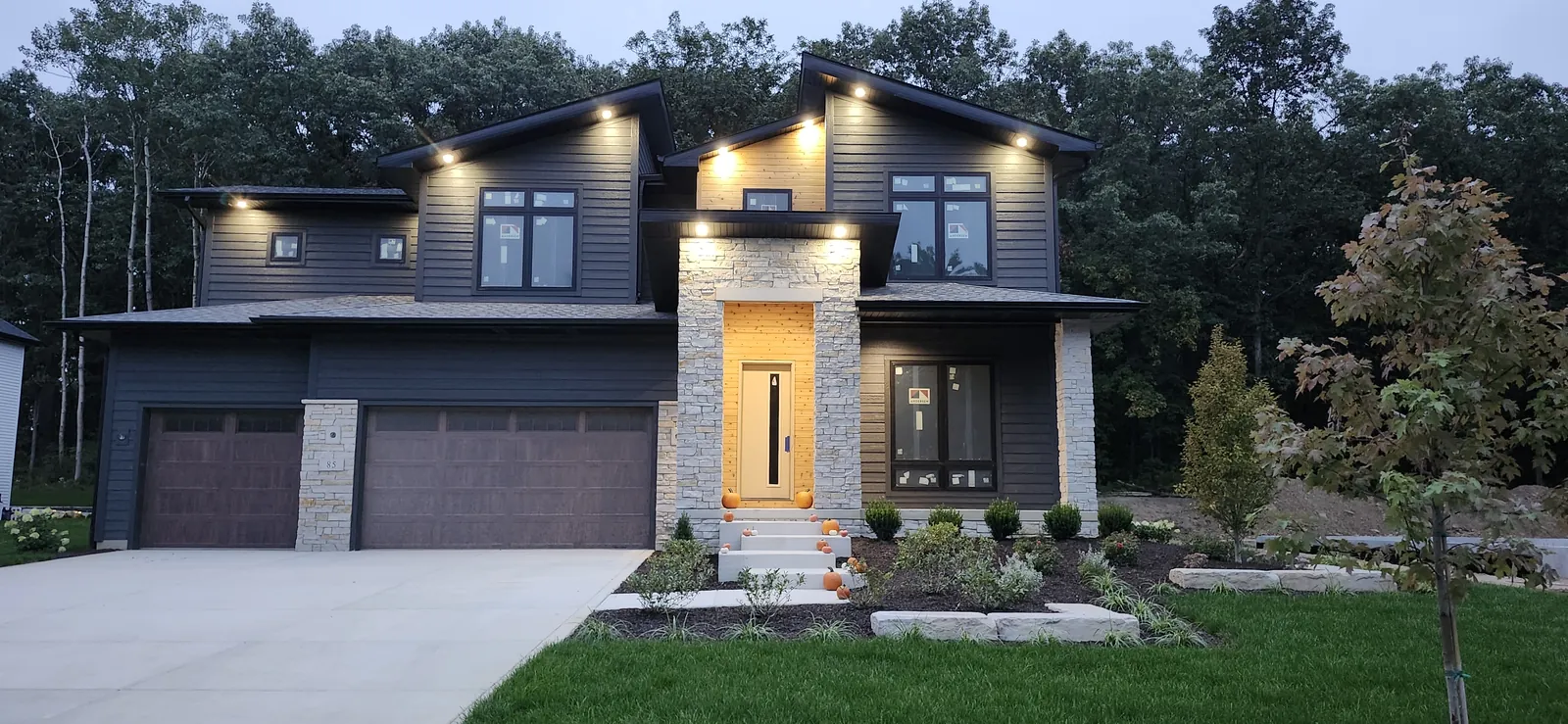 Front exterior, evening